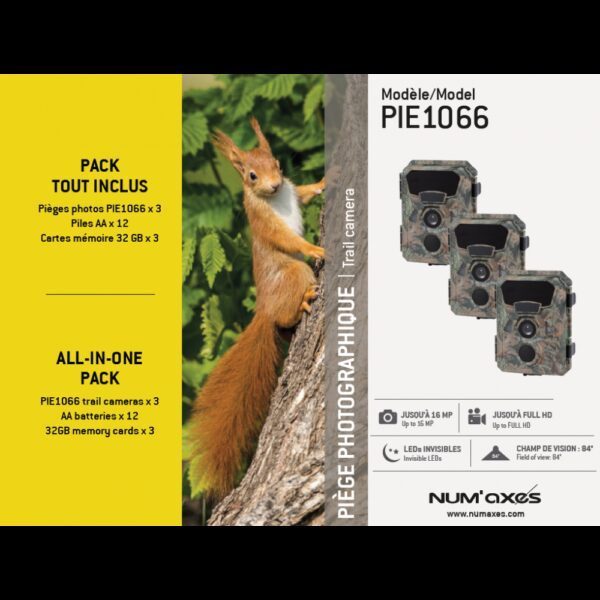PACK TOUT INCLUS 3 x PIE1066 : 3 pièges photographiques + 12 piles + 3 cartes mémoire